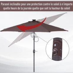 Outsunny Parasols Parasol Lumineux LED Octogonal Inclinable Chocolat -Tapis extérieur Soldes parasol lumineux led octogonal inclinable chocolat 3